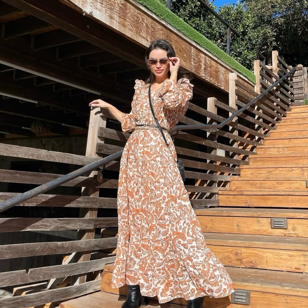 Maje Brown and Cream Paisley Long Sleeve Dress